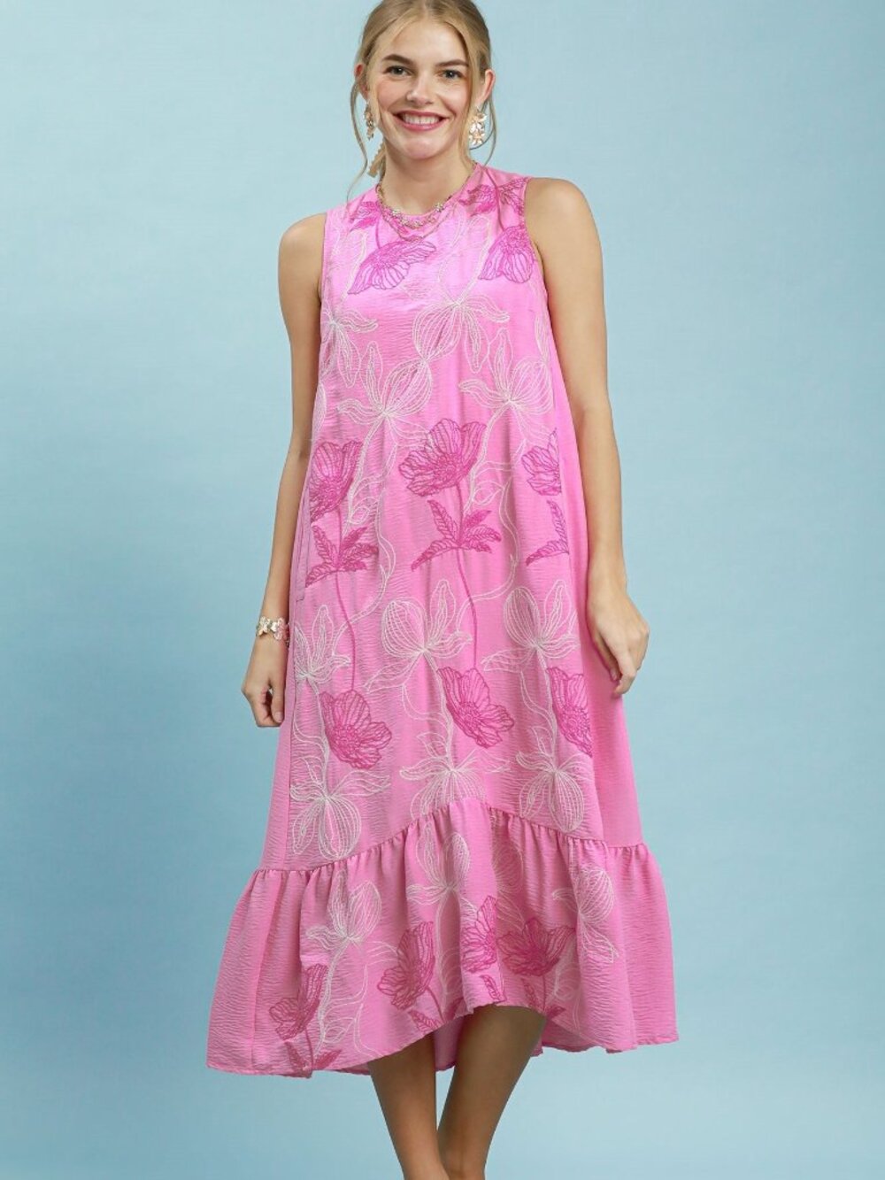 Umgee Pink Floral Embroidered Flowy Ruffle Hem Shift Midi Dress Women's size L